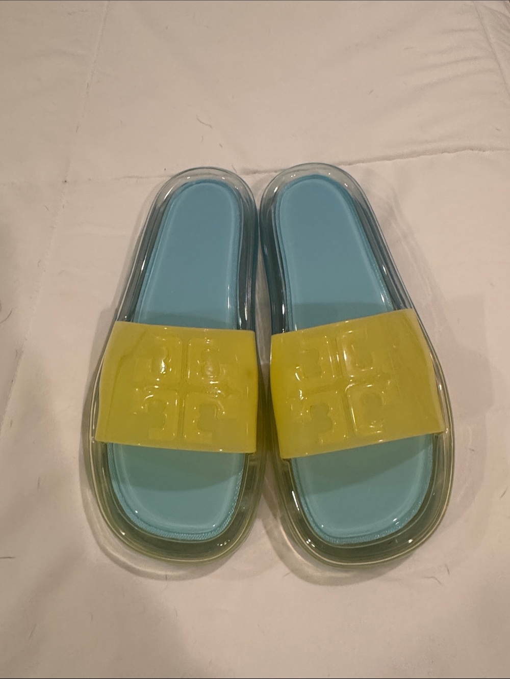 Tory Burch Yellow Strap Blue Footbed Clear-Edged Slide Pool Sandals